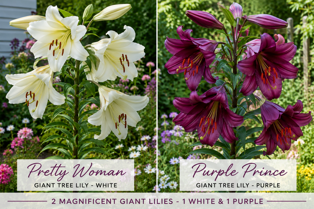 2x Giant Tree Lily Plants White & Purple 2L Pots Fragrant Lilies